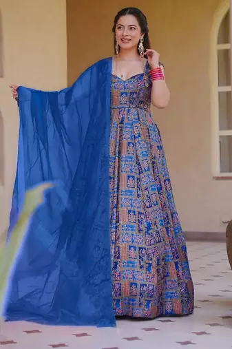 Blue color beautiful designer digital printed partywear gown with dupatta