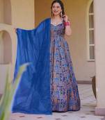 Blue digital printed partywear gown with dupatta