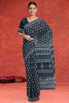 Prussian blue/midnight blue & soft ivory south cotton saree with running blouse 1