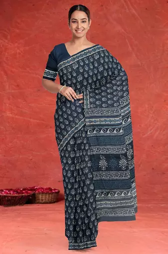 Prussian blue/midnight blue & soft ivory south cotton saree with running blouse