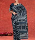 Prussian blue/midnight blue & soft ivory south cotton saree with running blouse