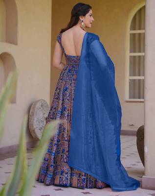 Blue digital printed partywear gown with dupatta 2
