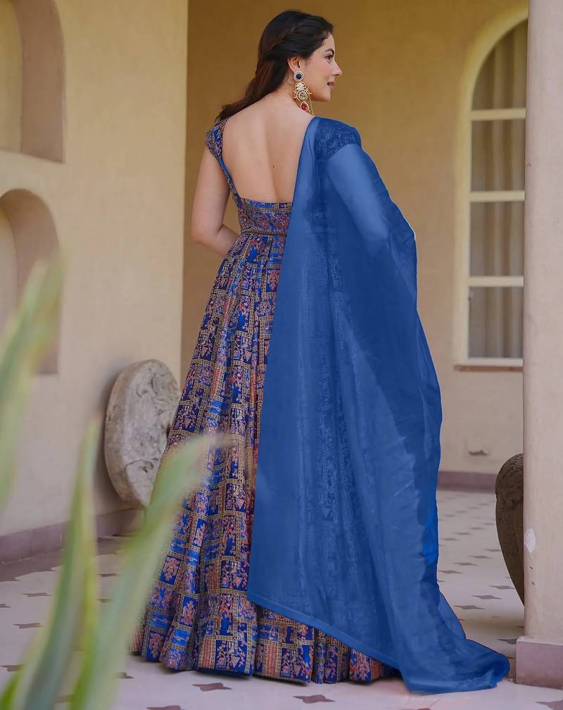 Blue digital printed partywear gown with dupatta