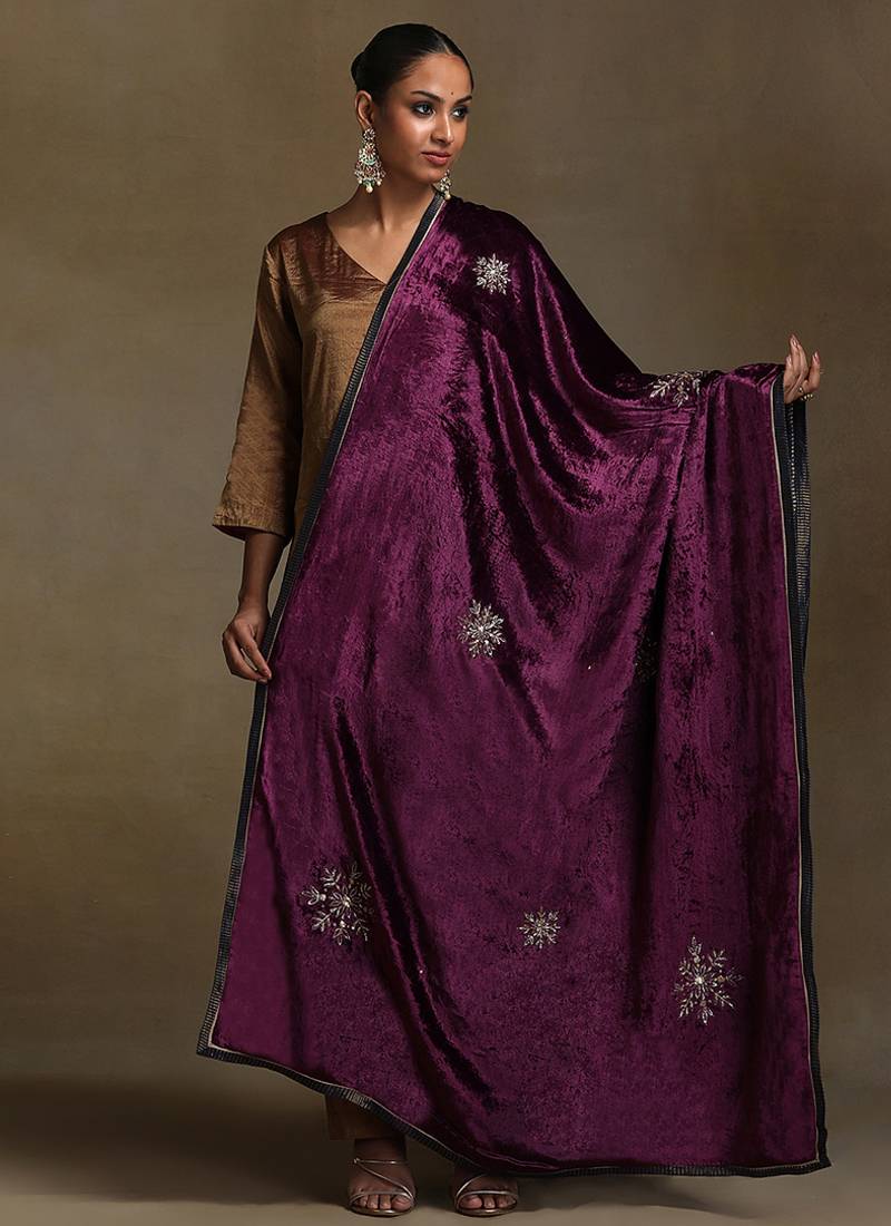 Plum hand embroidered velvet doshala
