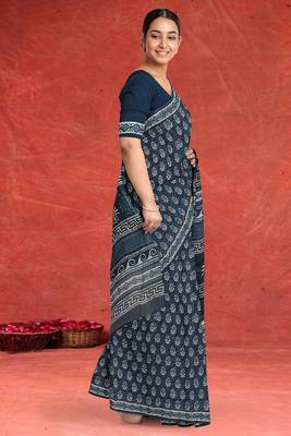 Prussian blue/midnight blue & soft ivory south cotton saree with running blouse 2