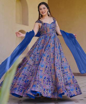 Blue digital printed partywear gown with dupatta 3