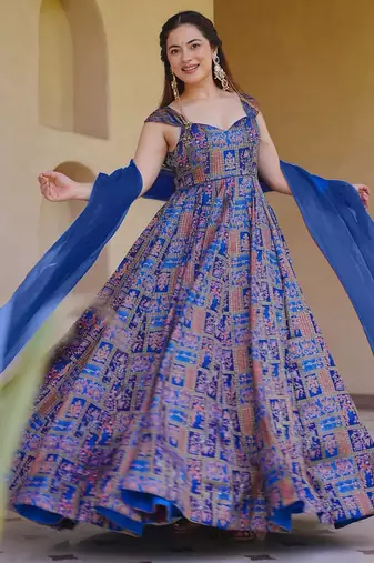 Blue color beautiful designer digital printed partywear gown with dupatta