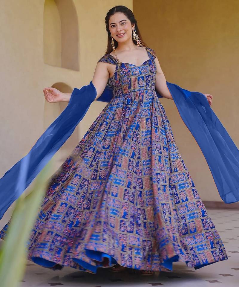 Blue digital printed partywear gown with dupatta