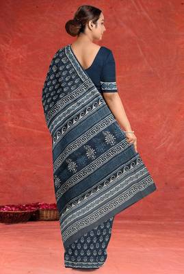 Prussian blue/midnight blue & soft ivory south cotton saree with running blouse 3