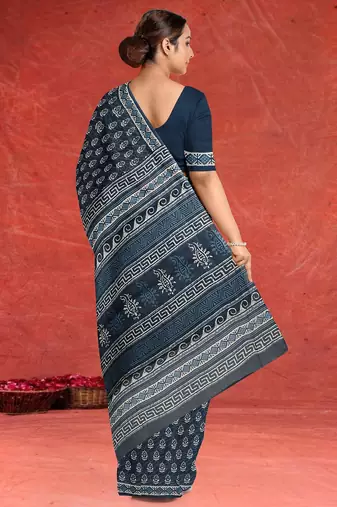 Prussian blue/midnight blue & soft ivory south cotton saree with running blouse
