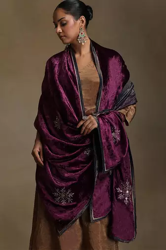 Plum hand embroidered velvet doshala