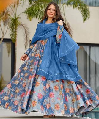 Blue digital printed partywear gown with dupatta 1