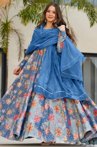 Blue digital printed partywear gown with dupatta