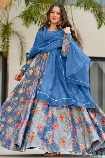 Blue color beautiful designer digital printed partywear gown with dupatta