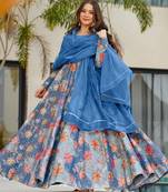 Blue digital printed partywear gown with dupatta