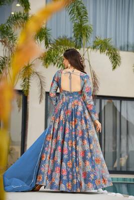 Blue digital printed partywear gown with dupatta 2