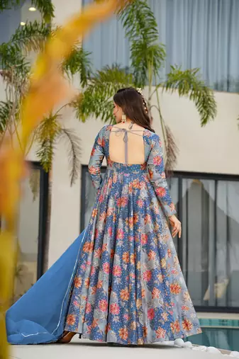 Blue color beautiful designer digital printed partywear gown with dupatta