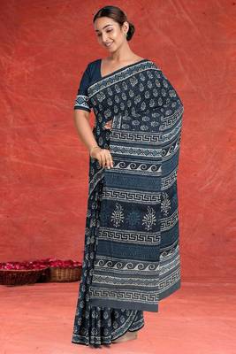 Prussian blue/midnight blue & soft ivory south cotton saree with running blouse 4