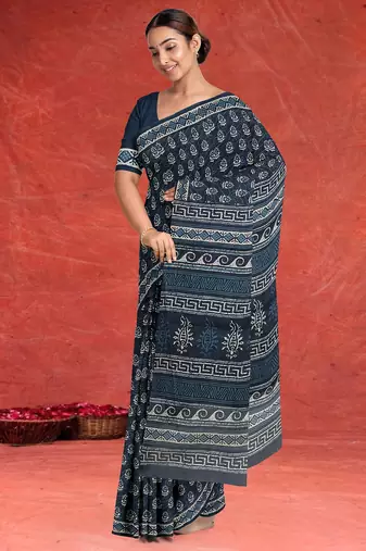Prussian blue/midnight blue & soft ivory south cotton saree with running blouse