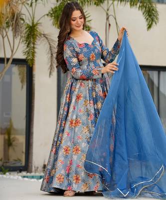 Blue digital printed partywear gown with dupatta 3