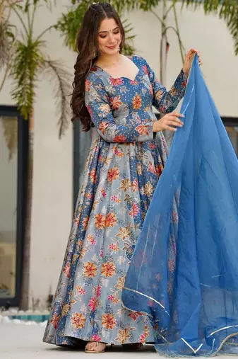 Blue color beautiful designer digital printed partywear gown with dupatta