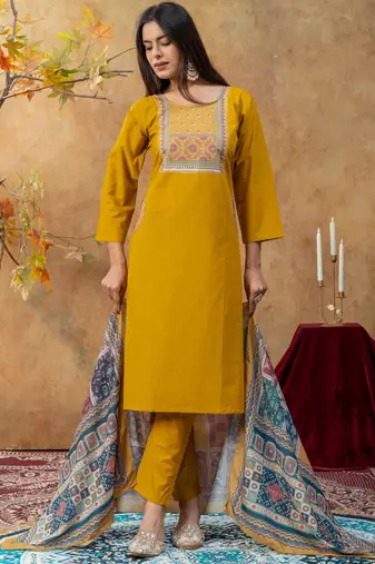Mustard color dhabu cotton fabric beautiful partywear readymade suit