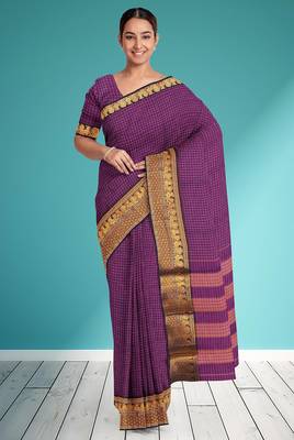 Rainbow violet/royal purple & antique gold semi gadwal saree 1