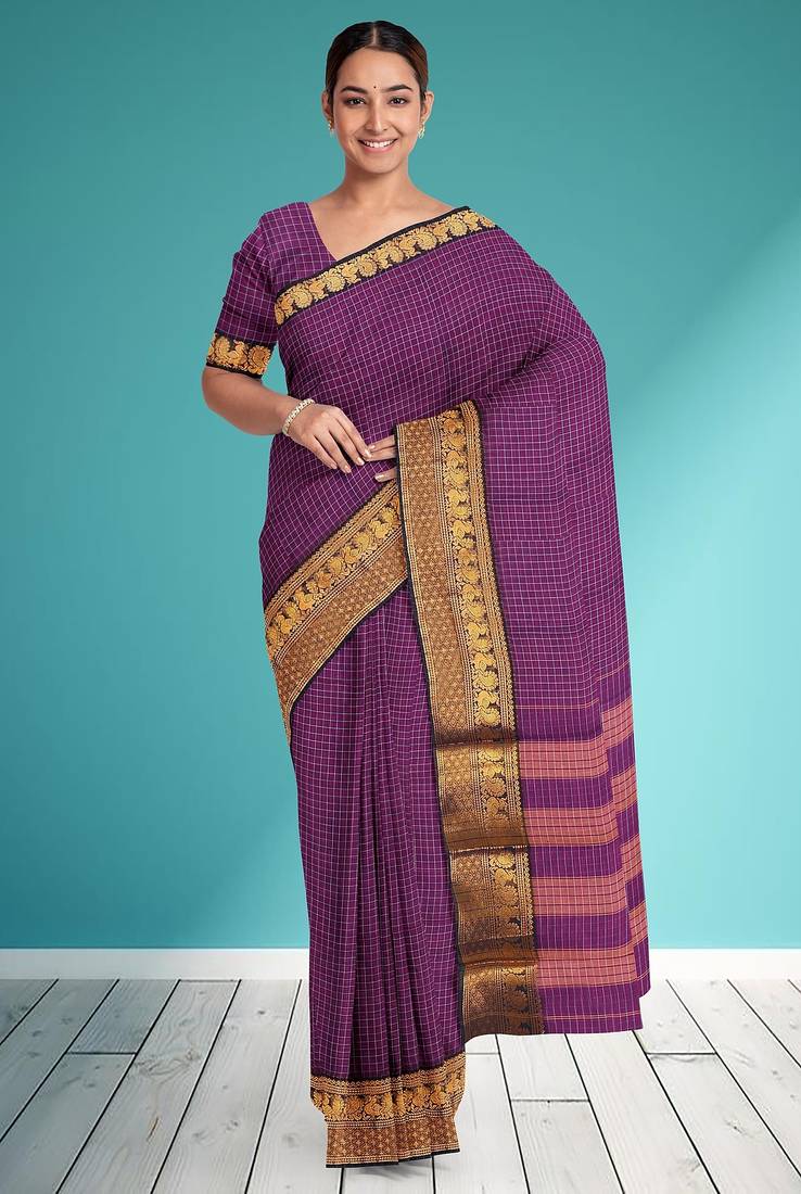 Rainbow violet/royal purple & antique gold semi gadwal saree