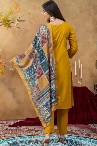 Mustard color dhabu cotton fabric beautiful partywear readymade suit