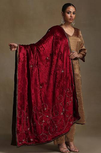 Red hand embroidered velvet doshala