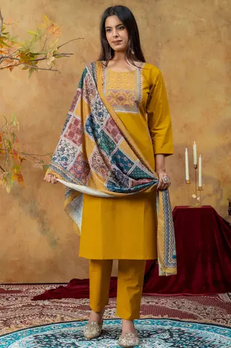 Mustard color dhabu cotton fabric beautiful partywear readymade suit