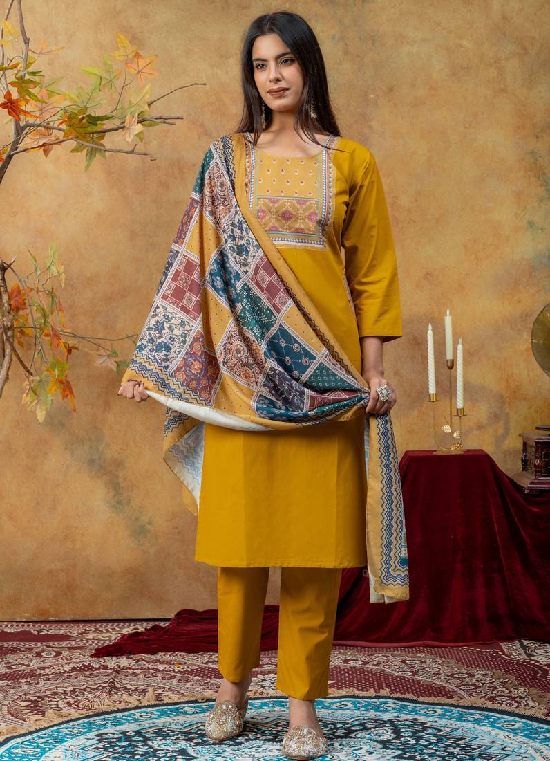 Mustard color dhabu cotton fabric beautiful partywear readymade suit