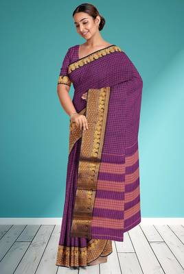 Rainbow violet/royal purple & antique gold semi gadwal saree 4