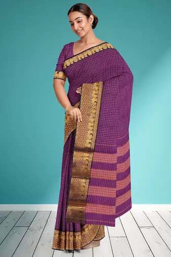 Rainbow violet/royal purple & antique gold semi gadwal saree