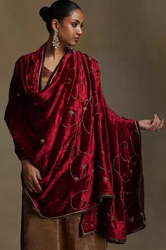 Red hand embroidered velvet doshala