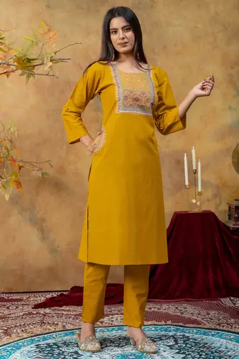 Mustard color dhabu cotton fabric beautiful partywear readymade suit