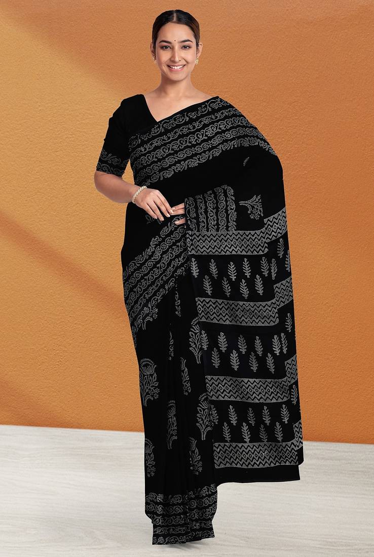 Licorice black & ash grey south cotton saree with running blouse