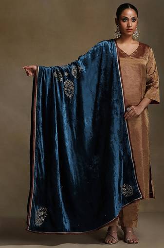 Teal blue hand embroidered velvet doshala