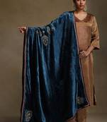 Teal blue hand embroidered velvet doshala