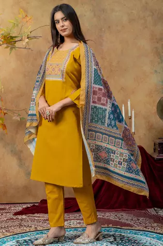 Mustard color dhabu cotton fabric beautiful partywear readymade suit