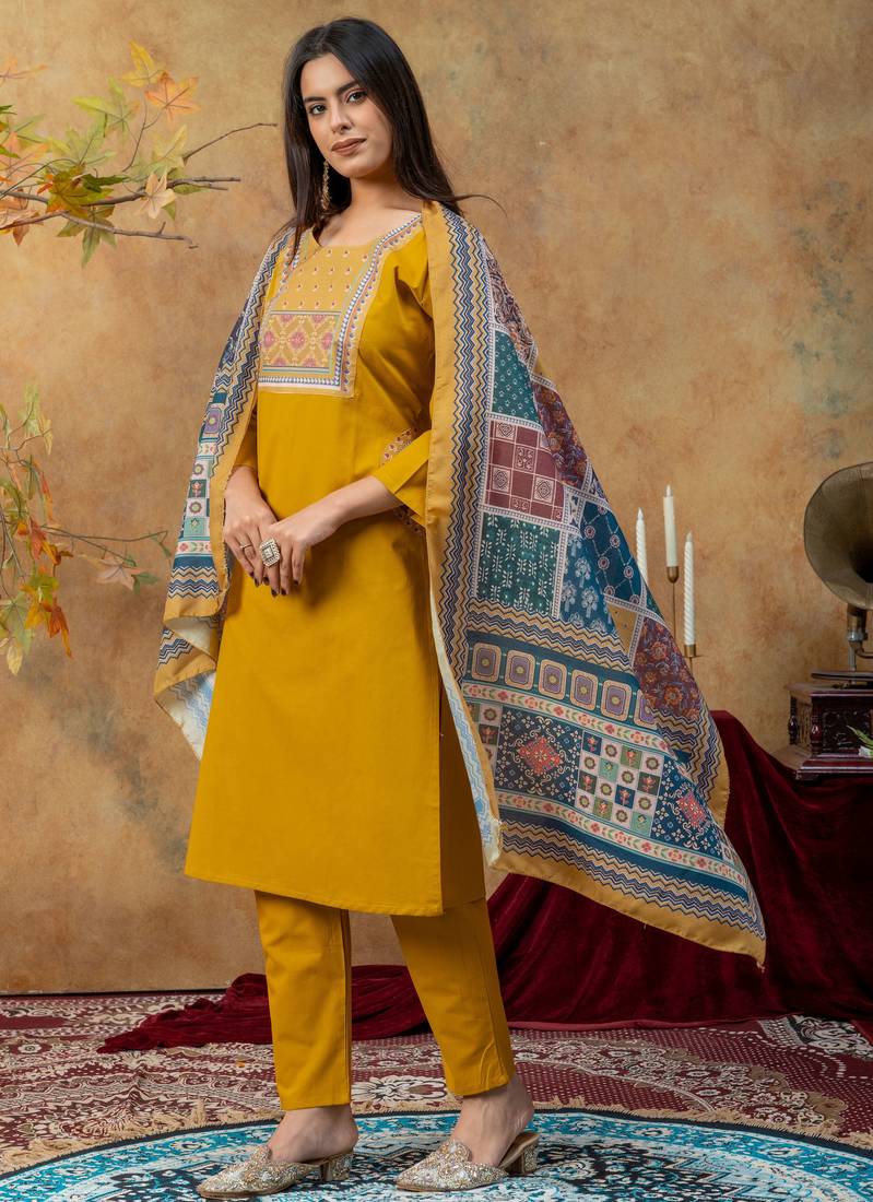 Mustard color dhabu cotton fabric beautiful partywear readymade suit