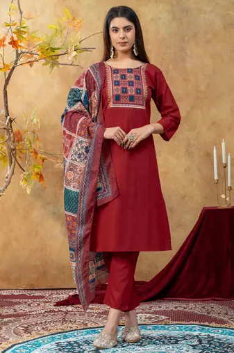 Maroon dhabu cotton partywear readymade suit