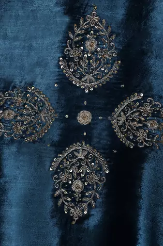 Teal blue hand embroidered velvet doshala