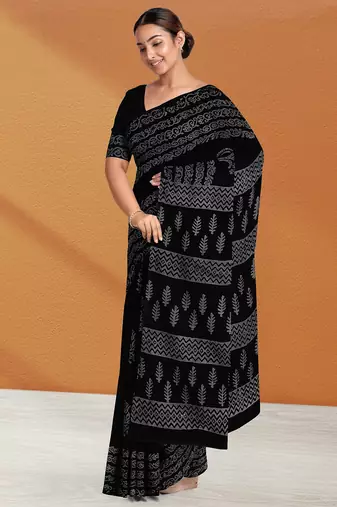 Licorice black & ash grey south cotton saree with running blouse