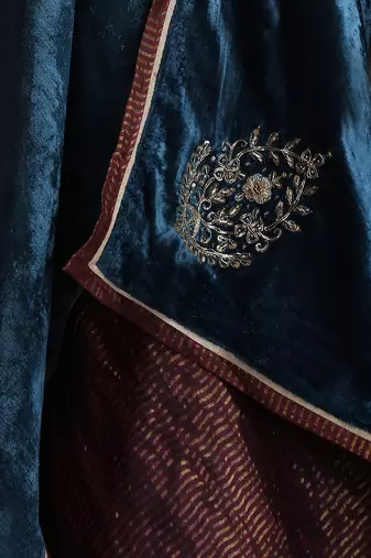 Teal blue hand embroidered velvet doshala