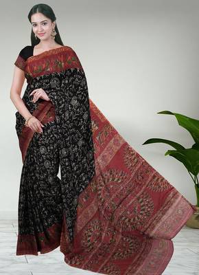 Eerie black & brick red south cotton saree with running blouse 1