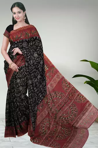 Eerie black & brick red south cotton saree with running blouse