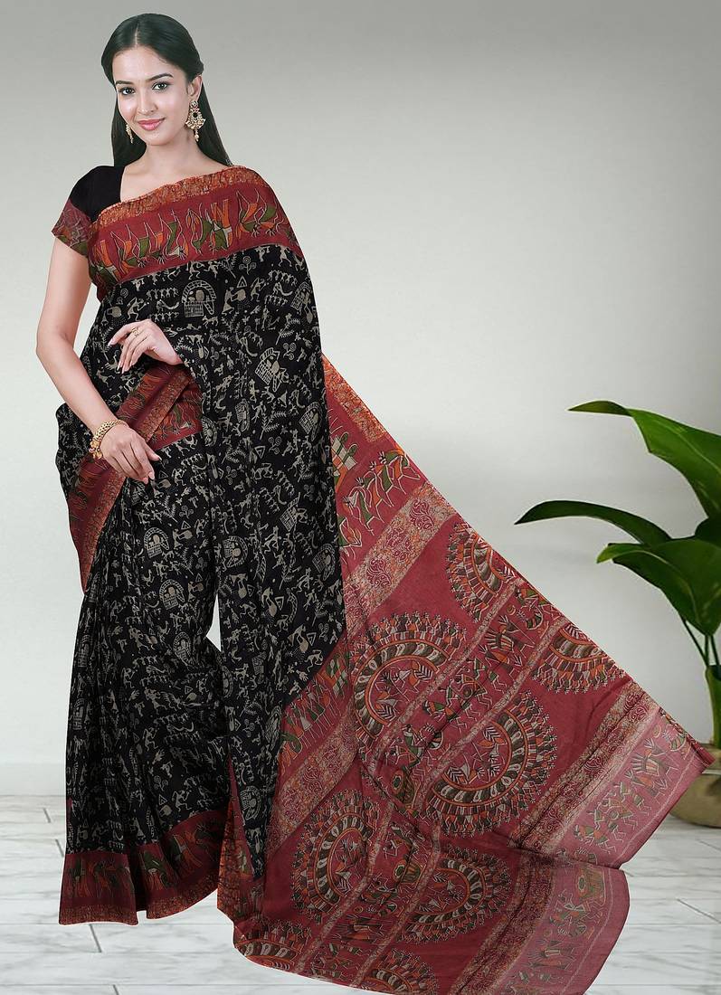 Eerie black & brick red south cotton saree with running blouse