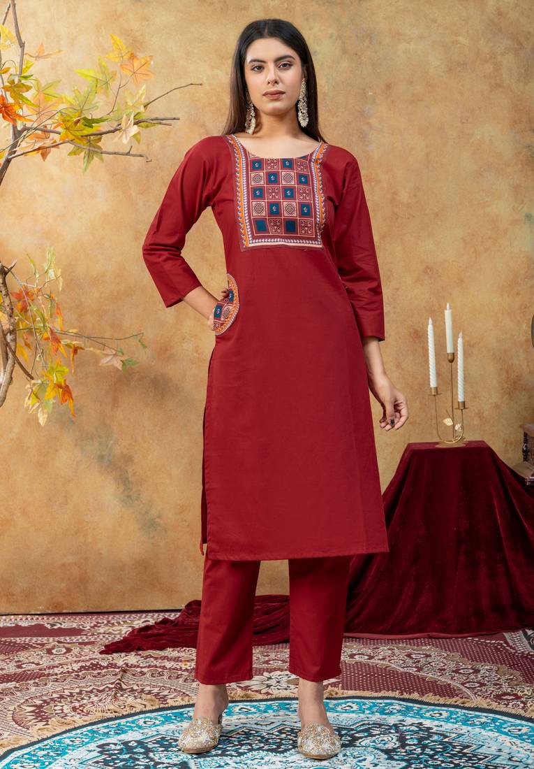 Maroon dhabu cotton partywear readymade suit