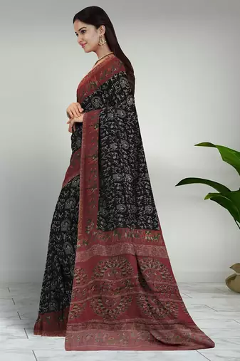 Eerie black & brick red south cotton saree with running blouse